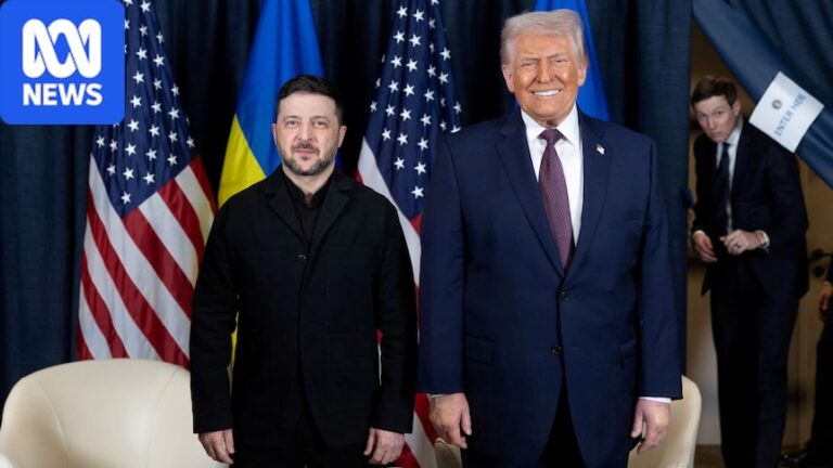 Volodymyr Zelenskyy and Donald Trump stand side by side with flags behind them