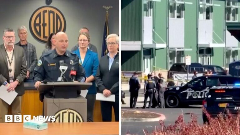 Split screen. Left, police officer is giving press conference. Right, officers are seen outside school